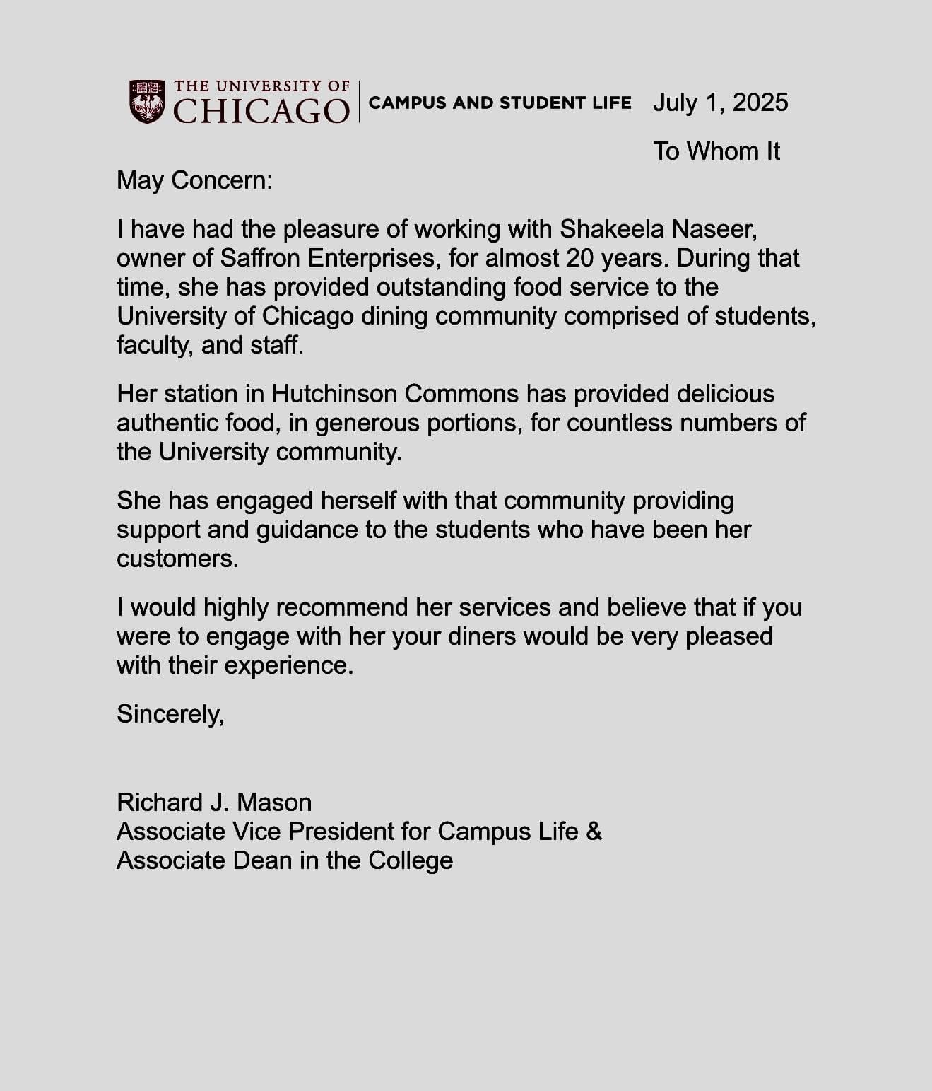 Certificate of Appreciation from University of Chicago